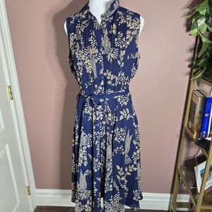NANETTE LEPORE dark navy floral birds button pleats belted knee dres